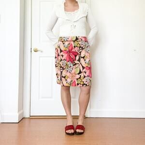 Talbots Silk Cotton Floral Colorful Pencil Midi Skirt Fairy Cottage Sz 12